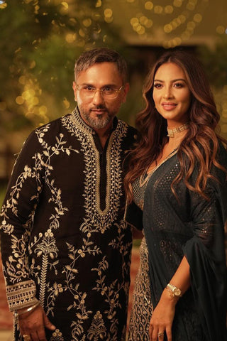 Honey Singh in Aryaman Black Kurta Set with Patiyala and Dupatta