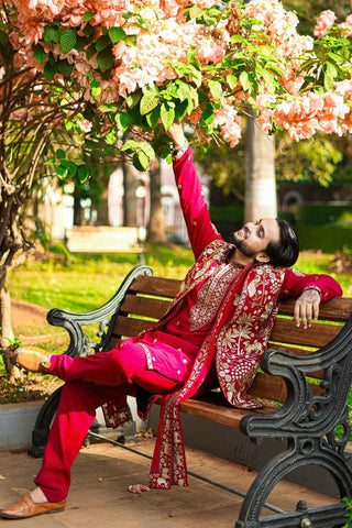 Krishna Sharma in Aariz Pichwai Mahroon Kurta Jacket Set with Trousers and Dupatta