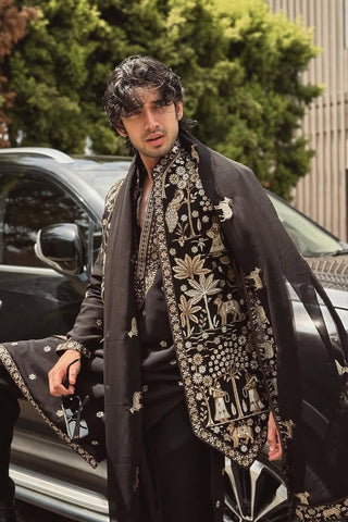 Paras Bhushan Kalnawat in Zubir Pichwai Zari Black Kurta Jacket Set with Trousers and Dupatta