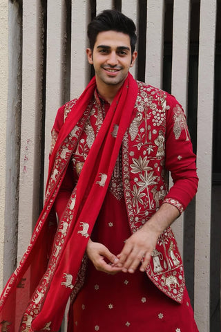 Sohail Mughal in Aariz Pichwai Mahroon Kurta Jacket Set with Trousers and Dupatta
