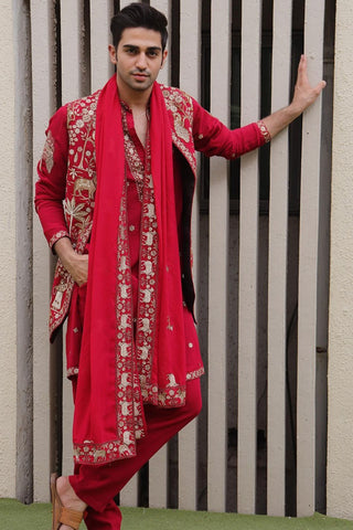 Krishna Sharma in Aariz Pichwai Mahroon Kurta Jacket Set with Trousers and Dupatta
