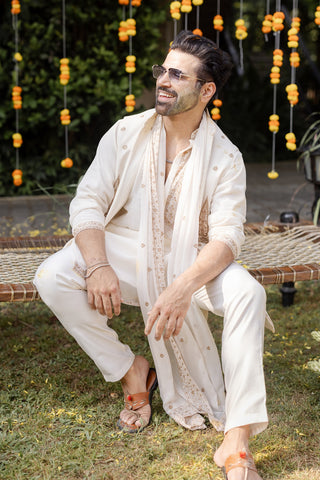 Rithvik Dhanjani in Kranthi Ivory Jacket Kurta Set with Trouser and Dupatta