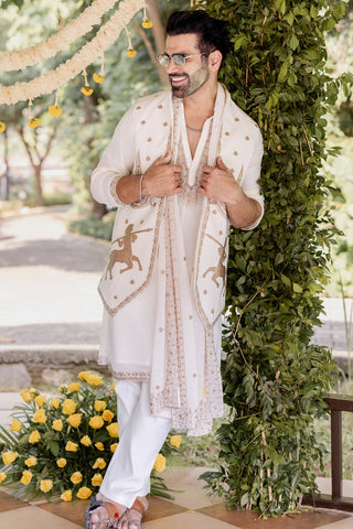Rithvik Dhanjani in Kranthi Ivory Jacket Kurta Set with Trouser and Dupatta