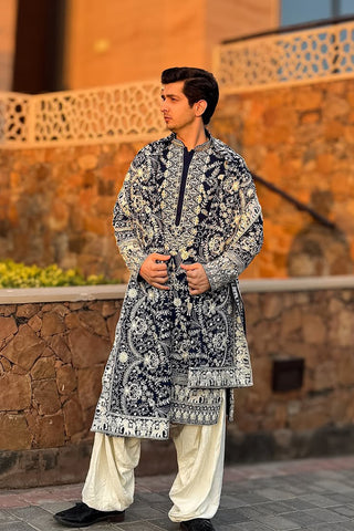 Sajjad Khan in Charvik Royal Blue Kurta Set with Patiyala and Dupatta