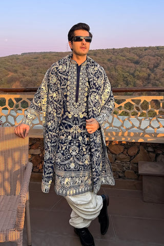 Sajjad Khan in Charvik Royal Blue Kurta Set with Patiyala and Dupatta