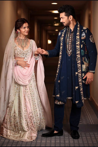 Abhinav Shukla in Maahir Cocktail Navy Blue Kurta Jacket Set with Trousers and Dupatta