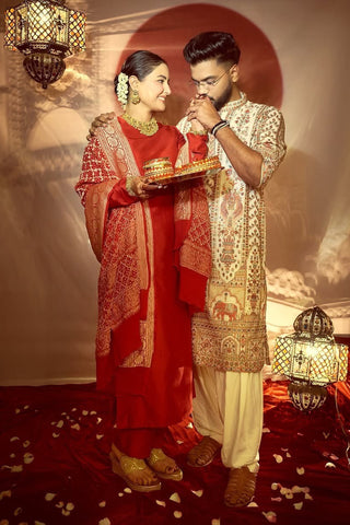 Rocky Jaiswal in Mughal Ivory Kurta Set with Patiyala and Dupatta