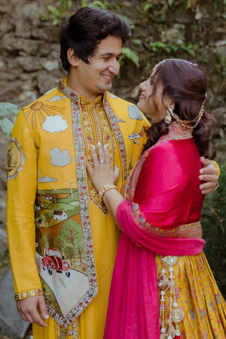 Adarsh Suyal in Musafir Haldi Kurta Jacket Set with Trousers and Dupatta