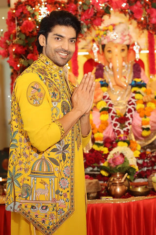 Gurmeet Choudhary in Gulistan Haldi Kurta Jacket Set with Trousers and Dupatta