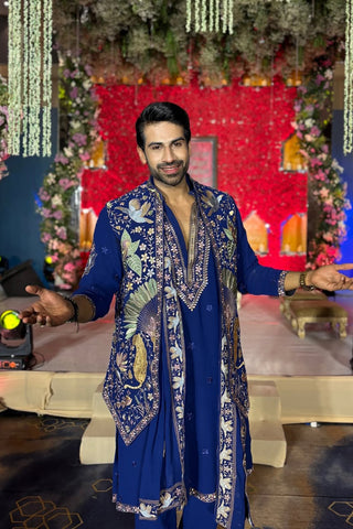 Aayushman Aman Maheshwari in Faiz Wild Grace Navy Blue Kurta Jacket Set with Trousers and Dupatta
