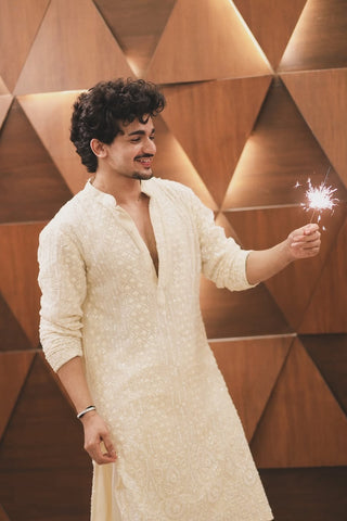 Vishal Pandey in Arham Cream Kurta Set with Patiyala and Dupatta