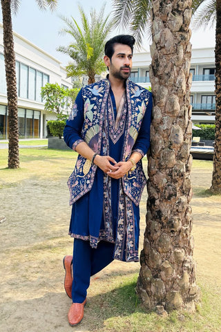 Aayushman Aman Maheshwari in Faiz Wild Grace Navy Blue Kurta Jacket Set with Trousers and Dupatta