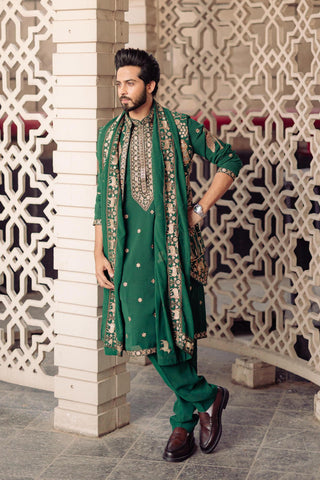 Sagar Parekh in Azan Pichwai Zari Bottle Green Kurta Jacket Set with Trousers and Dupatta