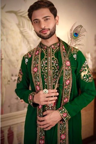 Jainam Vora in Deer Garden Bottle Green Kurta Set with Pants and Dupatta