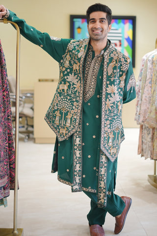 Keshav Sadhna in Azan Pichwai Zari Bottle Green Kurta Jacket Set with Trousers and Dupatta