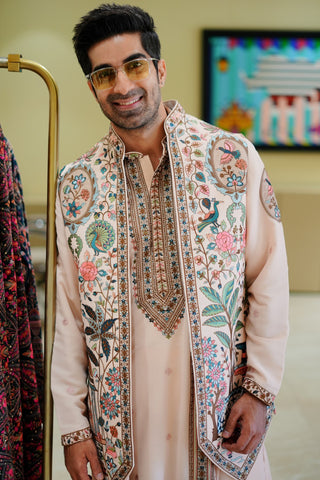Keshav Sadhna in Abeer Pink Kurta Jacket Set with Trousers and Dupatta