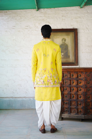 Daksha Real Mirror Work Yellow Kurta Jacket Set With Dhoti And Dupatta