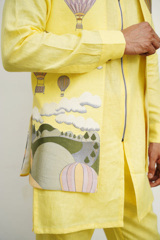 Yash Yellow Linen Front Open Long Jacket Set