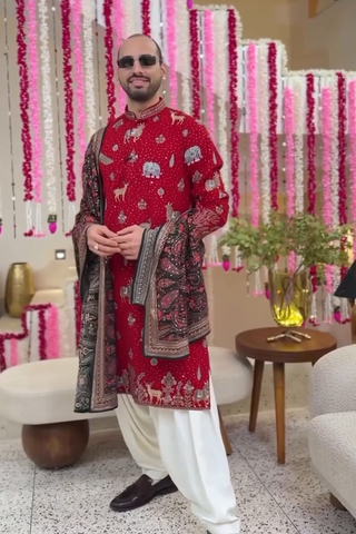 Devansh Kamboj in Tanmay Bhat in PICHWAI RED DHOTI KURTA SET