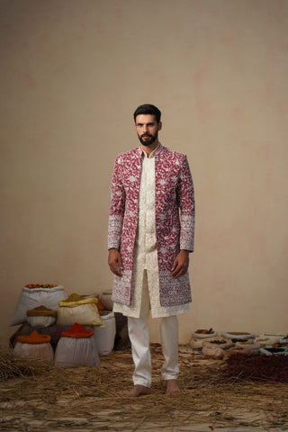 GULBAHAR CUTDANA MAROON INDOWESTERN SET