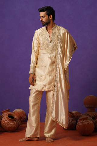 ZOHAYR BEIGE V-NECK MIRROR KURTA DUPATTA SET