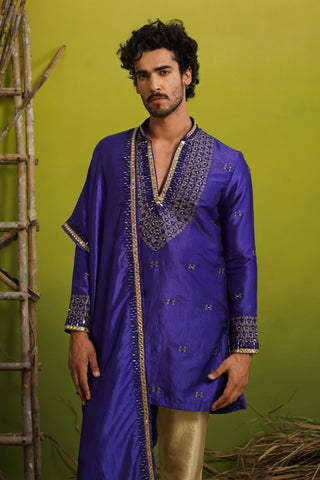 ZOHAYR ROYAL BLUE V-NECK MIRROR KURTA DUPATTA SET