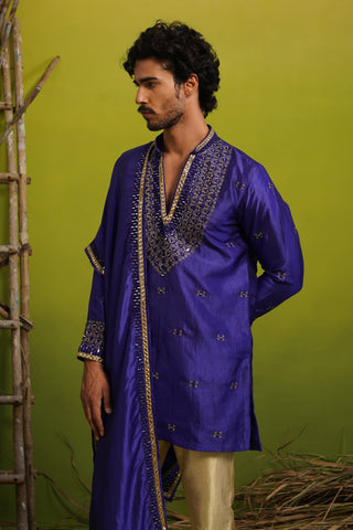 ZOHAYR ROYAL BLUE V-NECK MIRROR KURTA DUPATTA SET