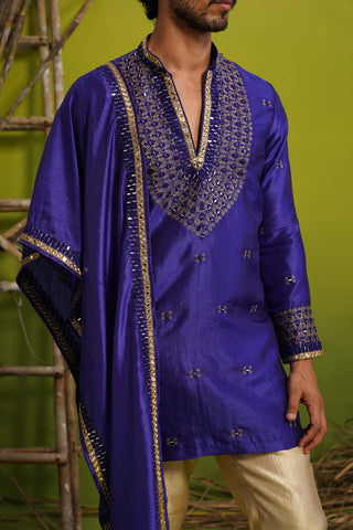ZOHAYR ROYAL BLUE V-NECK MIRROR KURTA DUPATTA SET