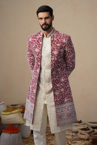 GULBAHAR CUTDANA MAROON INDOWESTERN SET