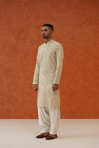 Sahil Cream Kurta Set With Patiyala And Dupatta