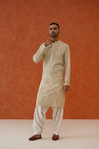 Sahil Cream Kurta Set With Patiyala And Dupatta