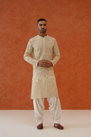 Sahil Cream Kurta Set With Patiyala And Dupatta