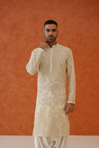 Sahil Cream Kurta Set With Patiyala And Dupatta