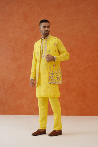 Daksha Real Mirror Work Yellow Kurta Jacket Set With Trouser And Dupatta