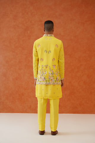 Daksha Real Mirror Work Yellow Kurta Jacket Set With Trouser And Dupatta