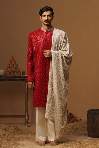 VED RED SHERWANI SET