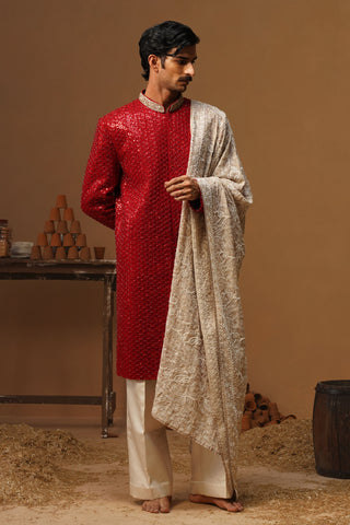 VED RED SHERWANI SET