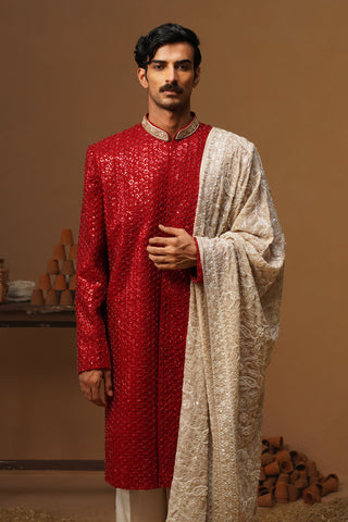 VED RED SHERWANI SET