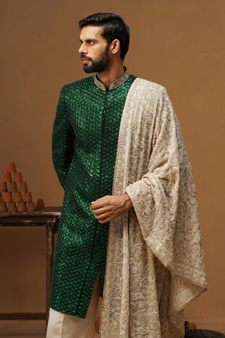 VED BOTTLE GREEN SHERWANI SET