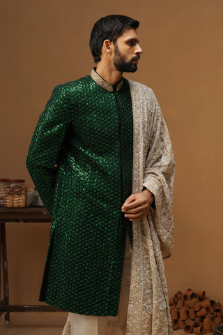 VED BOTTLE GREEN SHERWANI SET