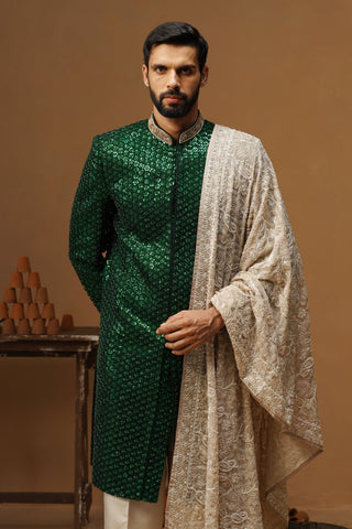 VED BOTTLE GREEN SHERWANI SET
