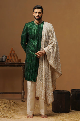 VED BOTTLE GREEN SHERWANI SET