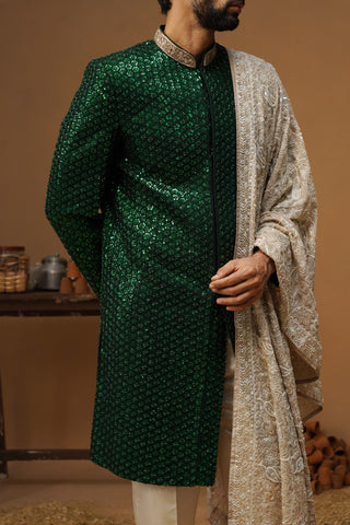 VED BOTTLE GREEN SHERWANI SET