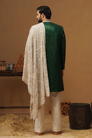 VED BOTTLE GREEN SHERWANI SET