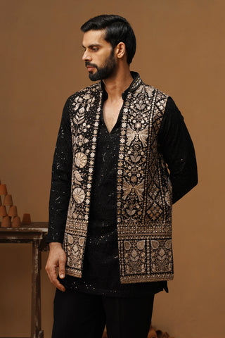 SANJH BLACK V NECKSHORT KURTA JACKET SET