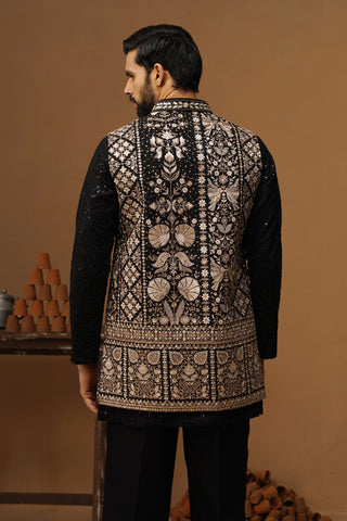 SANJH BLACK V NECKSHORT KURTA JACKET SET