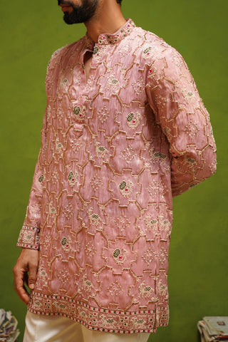 PATOLA PINK SHORT KURTA  SET