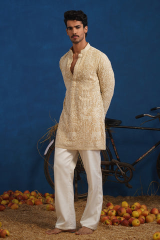 YUVRAJ CUTDANA BEIGE SHORT KURTA SET
