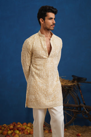 YUVRAJ CUTDANA BEIGE SHORT KURTA SET
