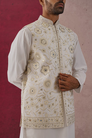 Tavin - Mirror Work White Embroidered Jacket Kurta Set